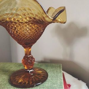 Vintage amber pressed glass diamond point compote pedestal dish